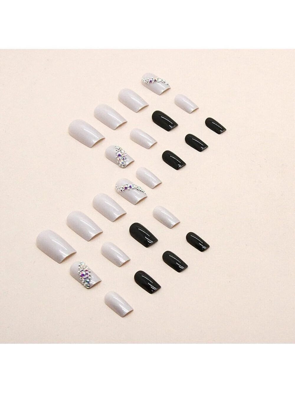 24 Pieces Black White Acrylic Nails with Rhinestone Press-On Nails